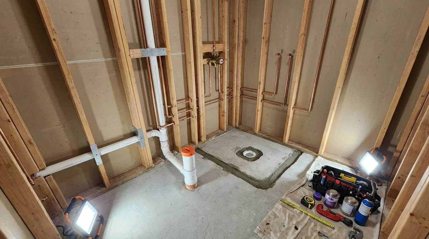 Bathroom rough-in plumbing during remodel by Johns Plumbing LLC in Hazel Park
