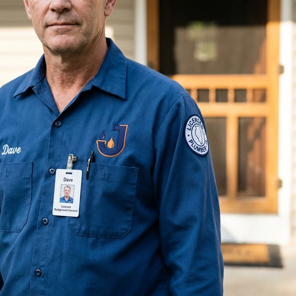Licensed plumber showing ID badge in Hazel Park, MI