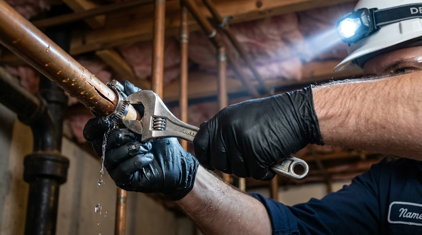 Emergency pipe clamp repair being performed by a Johns Plumbing LLC plumber in Hazel Park
