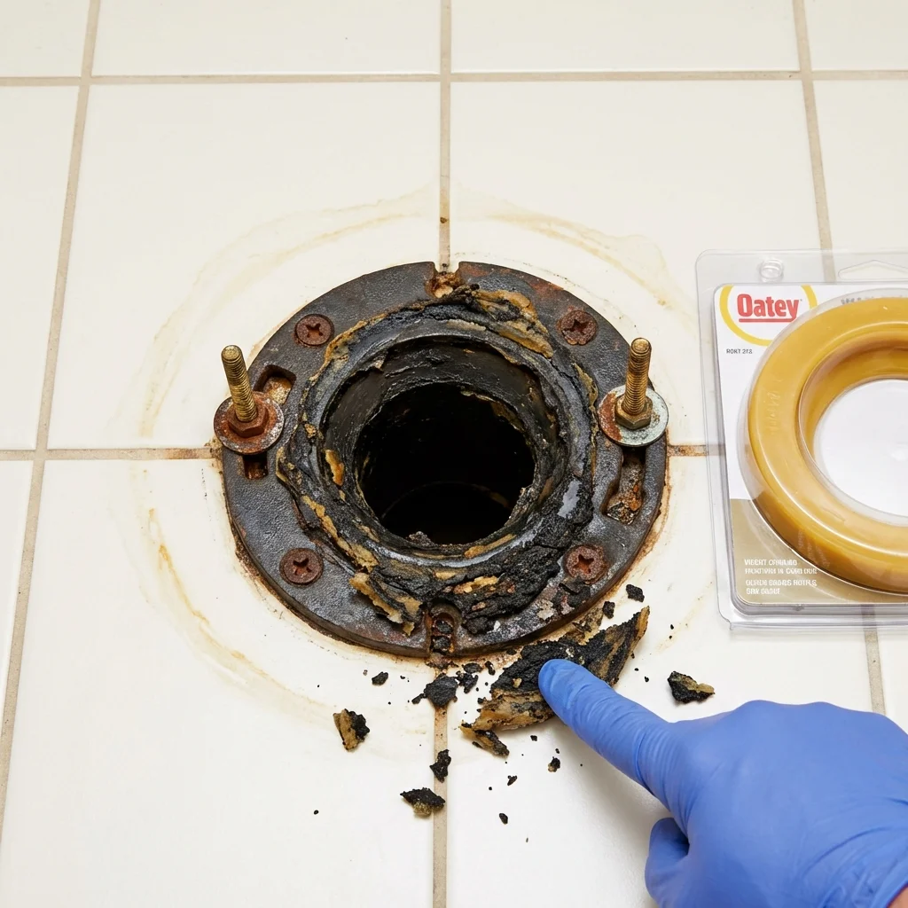 Failed wax ring showing water seepage at the base of a toilet in a Hazel Park, MI home