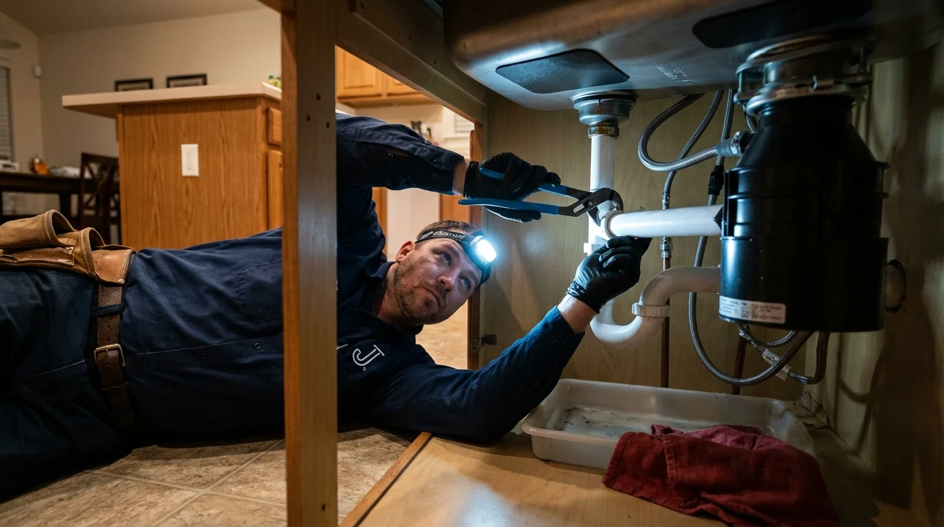 P-trap and supply line connections under a kitchen sink showing a common leak point in Hazel Park, MI